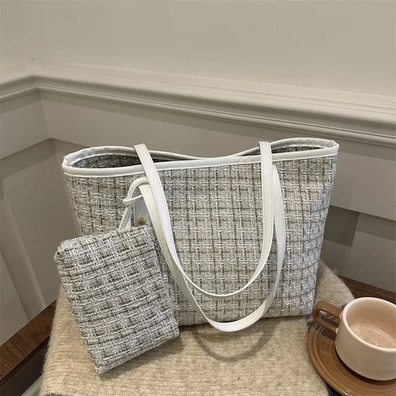New Trendy Tweed Zipper Crossbody Bucket Handbag for Women High-end Fashionable with Polyester Lining Tote Bag Lady