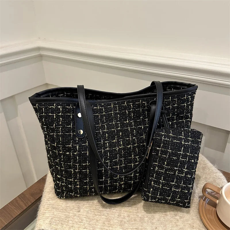 New Trendy Tweed Zipper Crossbody Bucket Handbag for Women High-end Fashionable with Polyester Lining Tote Bag Lady
