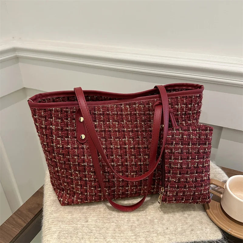 New Trendy Tweed Zipper Crossbody Bucket Handbag for Women High-end Fashionable with Polyester Lining Tote Bag Lady