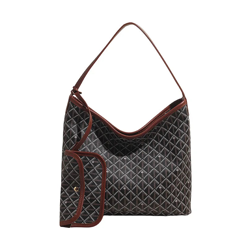 Retro Geometric Printed PU Tote Bag  Straps Zipper Closure Large Capacity Bag Fashion Street Trend Polyester.1809