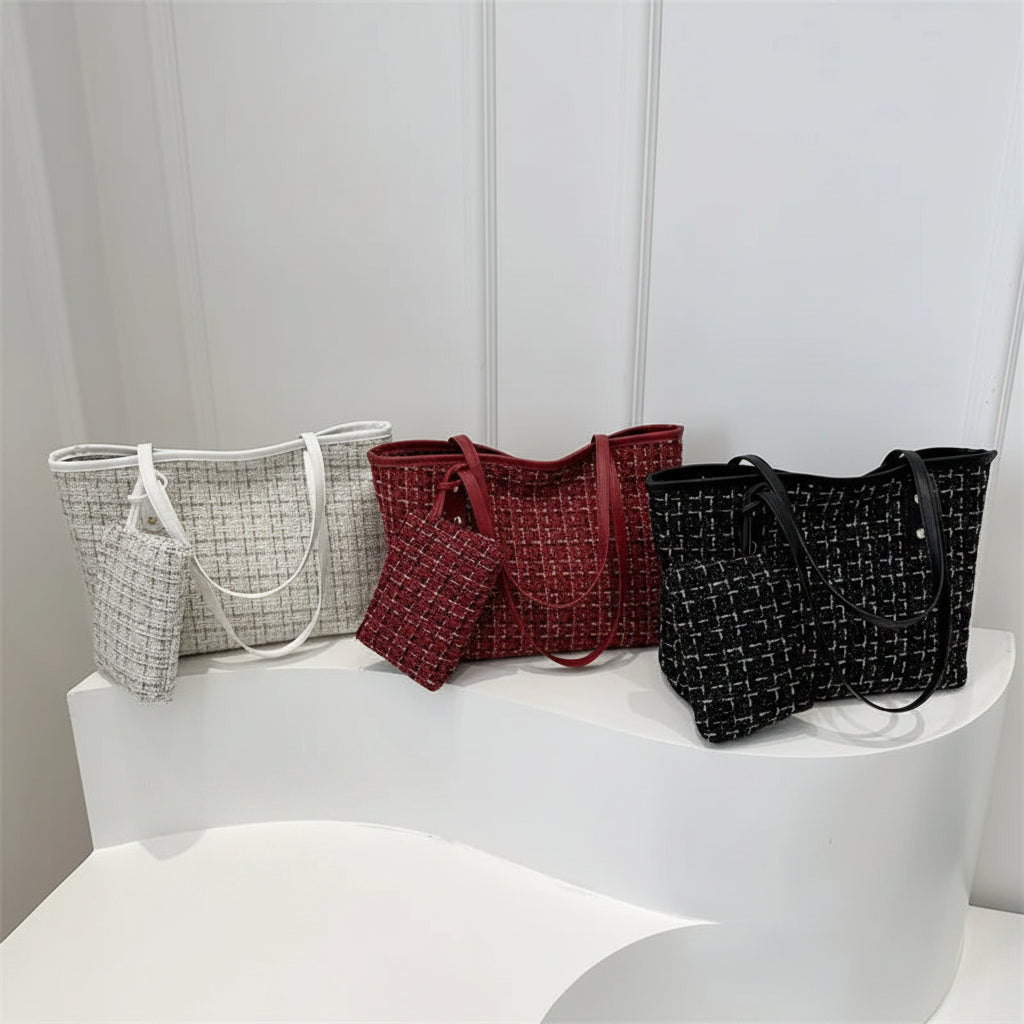 New Trendy Tweed Zipper Crossbody Bucket Handbag for Women High-end Fashionable with Polyester Lining Tote Bag Lady