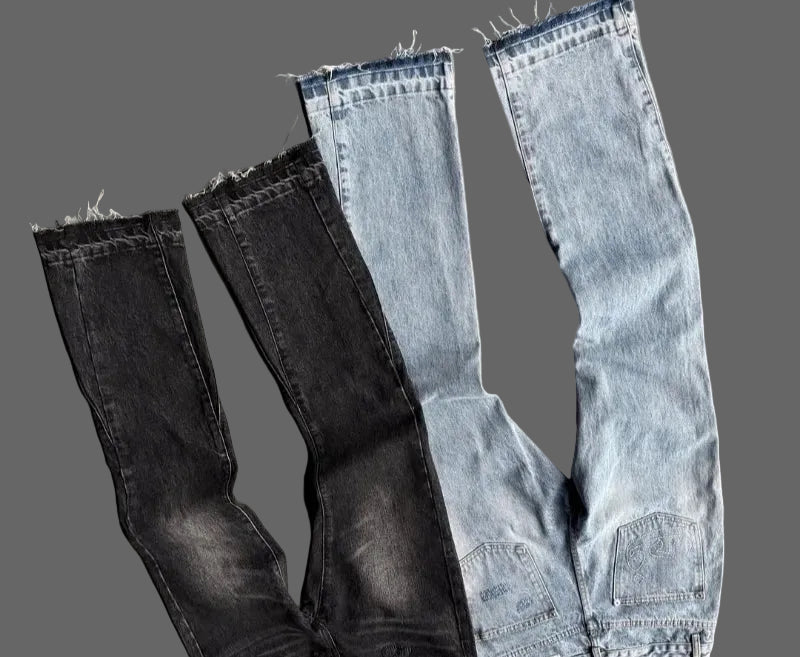 Hip Hop Straight Leg Pants Gothic Fringed Casual Micro Flared Pants Y2K Vintage Slim Fit Jeans Trendy Washed Men Women Harajuku