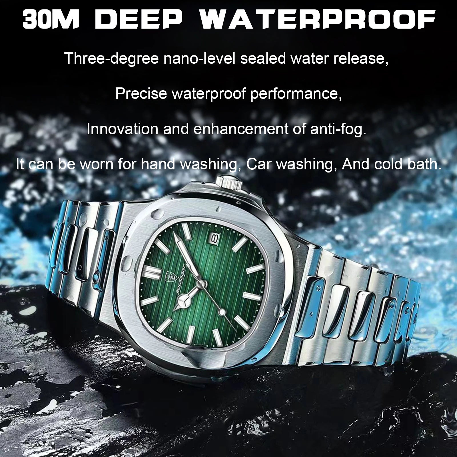 POEDAGAR Square Trendy Men Wristwatch Luminous Waterproof Stainless Steel Watch For Man Date Quartz Business Men's Watches Reloj