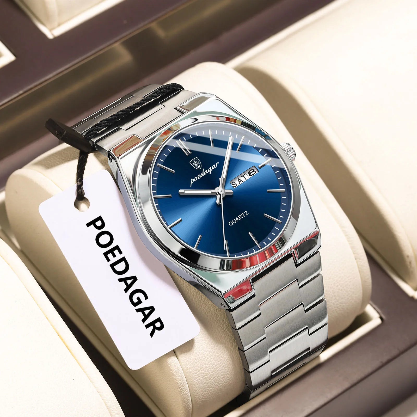 POEDAGAR Luxury Men's Quartz Wristwatch Waterproof Luminous Date Week Man Watch Stainless Steel Business Fashion Watches For Men