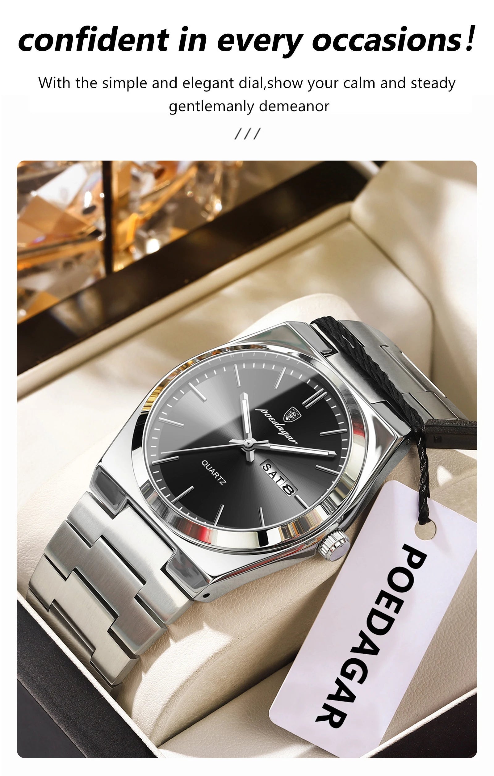 POEDAGAR Luxury Men's Quartz Wristwatch Waterproof Luminous Date Week Man Watch Stainless Steel Business Fashion Watches For Men