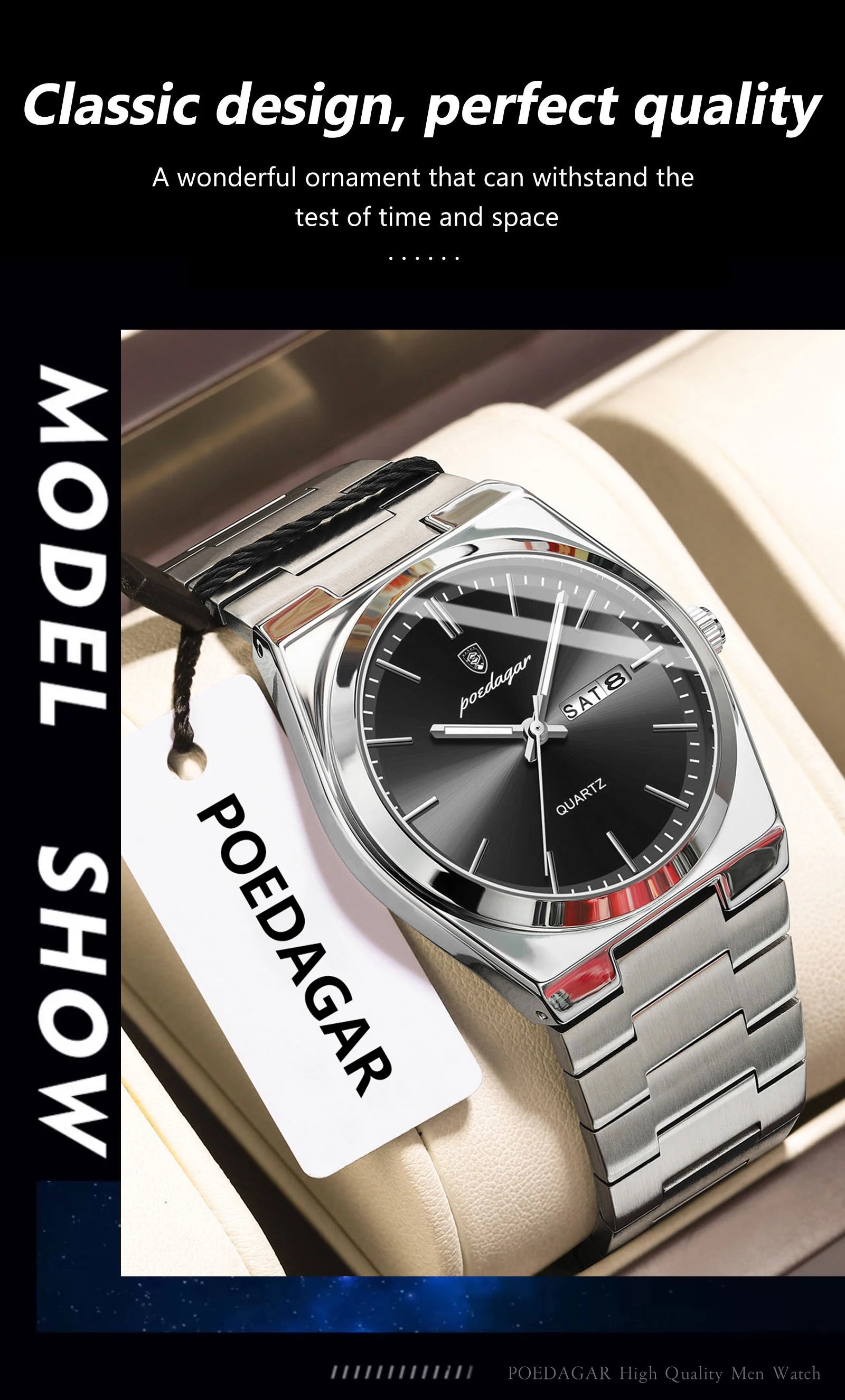 POEDAGAR Luxury Men's Quartz Wristwatch Waterproof Luminous Date Week Man Watch Stainless Steel Business Fashion Watches For Men