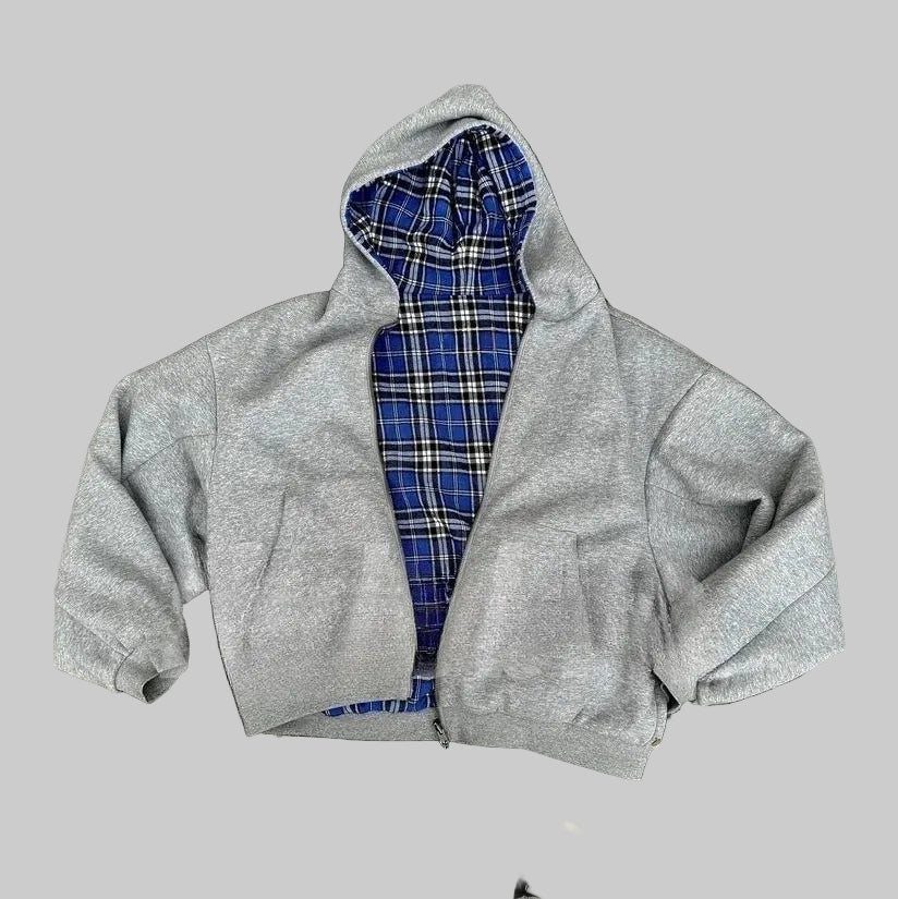 American Double-Sided Plaid Loose Zipper Hoodie