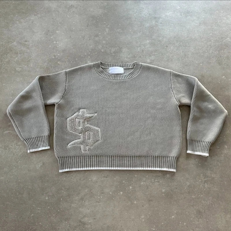 Hip Hop Dollar Logo Embroidery Streetwear Unisex Baggy Set 2 pcs Set Y2K Autumn Winter Retro Knitted Sweater Jeans Suit Trendy