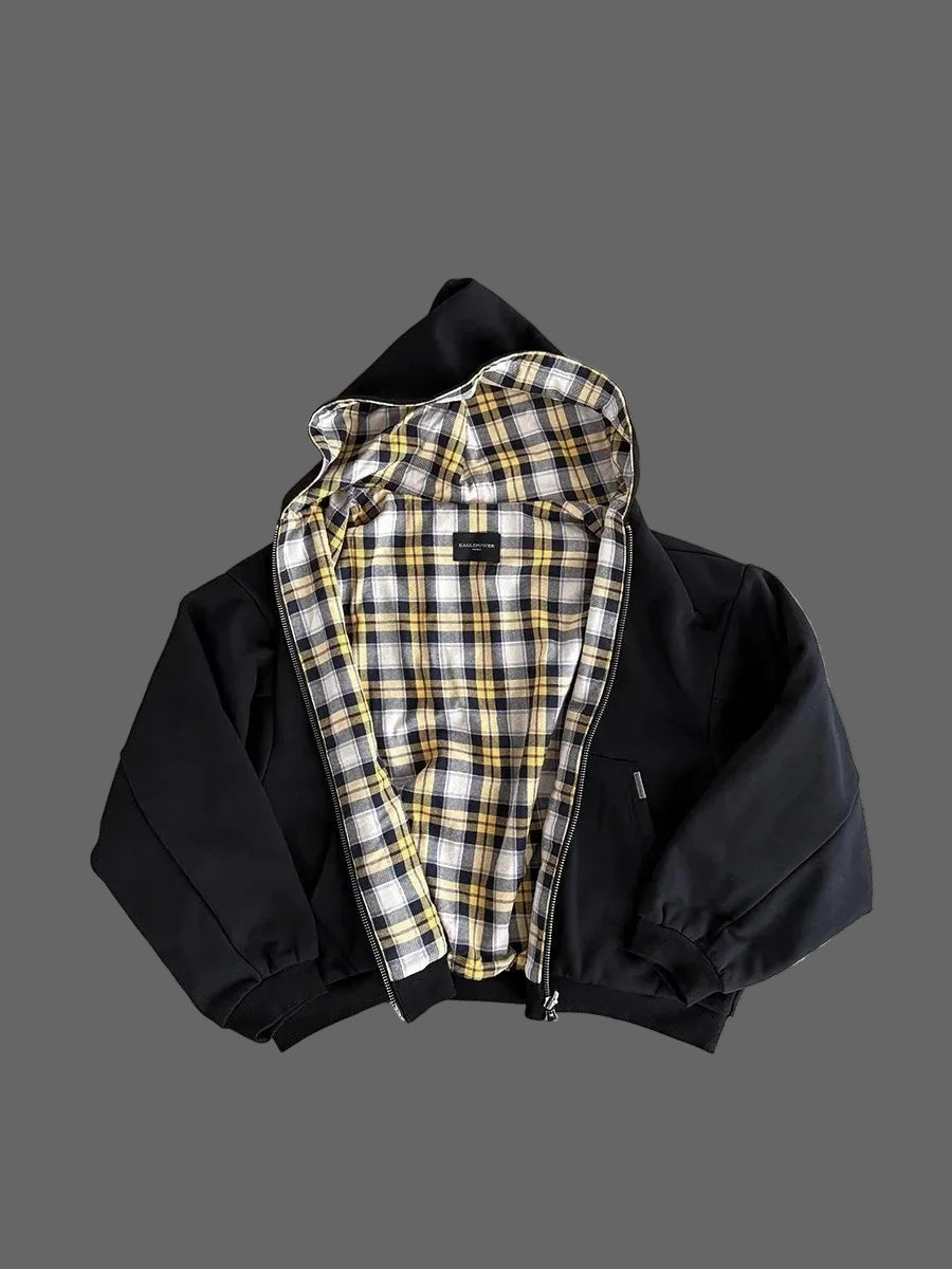 American Double-Sided Plaid Loose Zipper Hoodie