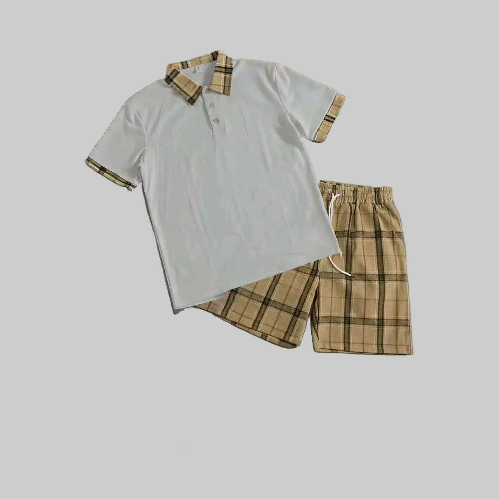 New outdoor men's short-sleeved polo shirt and shorts set in a sporty casual check pattern with breathable collar design