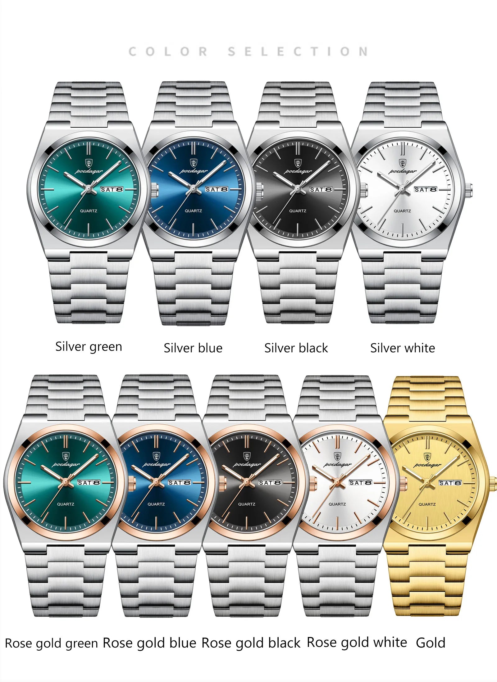 POEDAGAR Luxury Men's Quartz Wristwatch Waterproof Luminous Date Week Man Watch Stainless Steel Business Fashion Watches For Men
