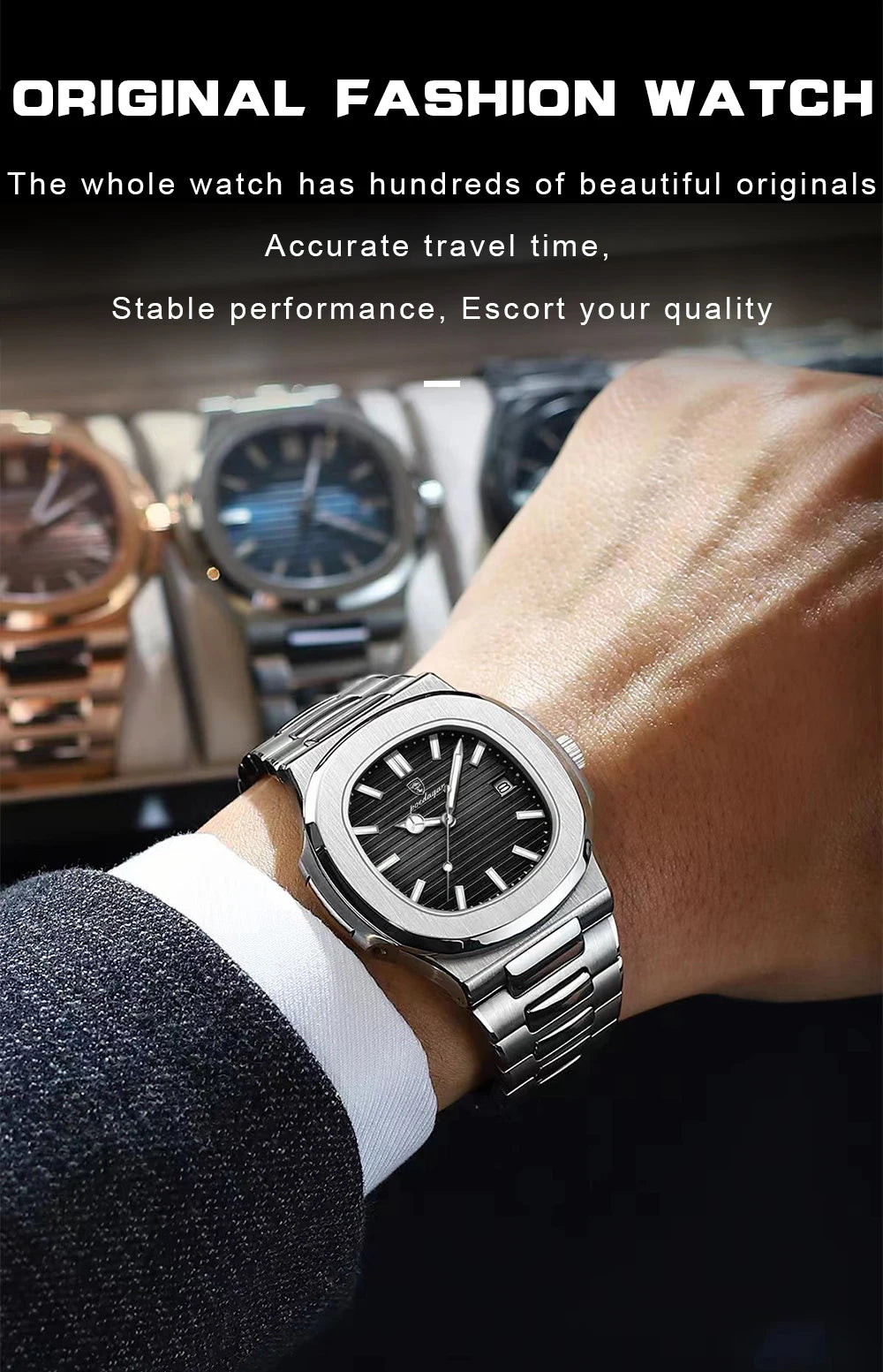 POEDAGAR Square Trendy Men Wristwatch Luminous Waterproof Stainless Steel Watch For Man Date Quartz Business Men's Watches Reloj