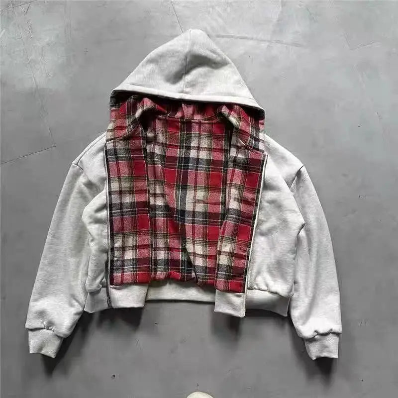 American Double-Sided Plaid Loose Zipper Hoodie