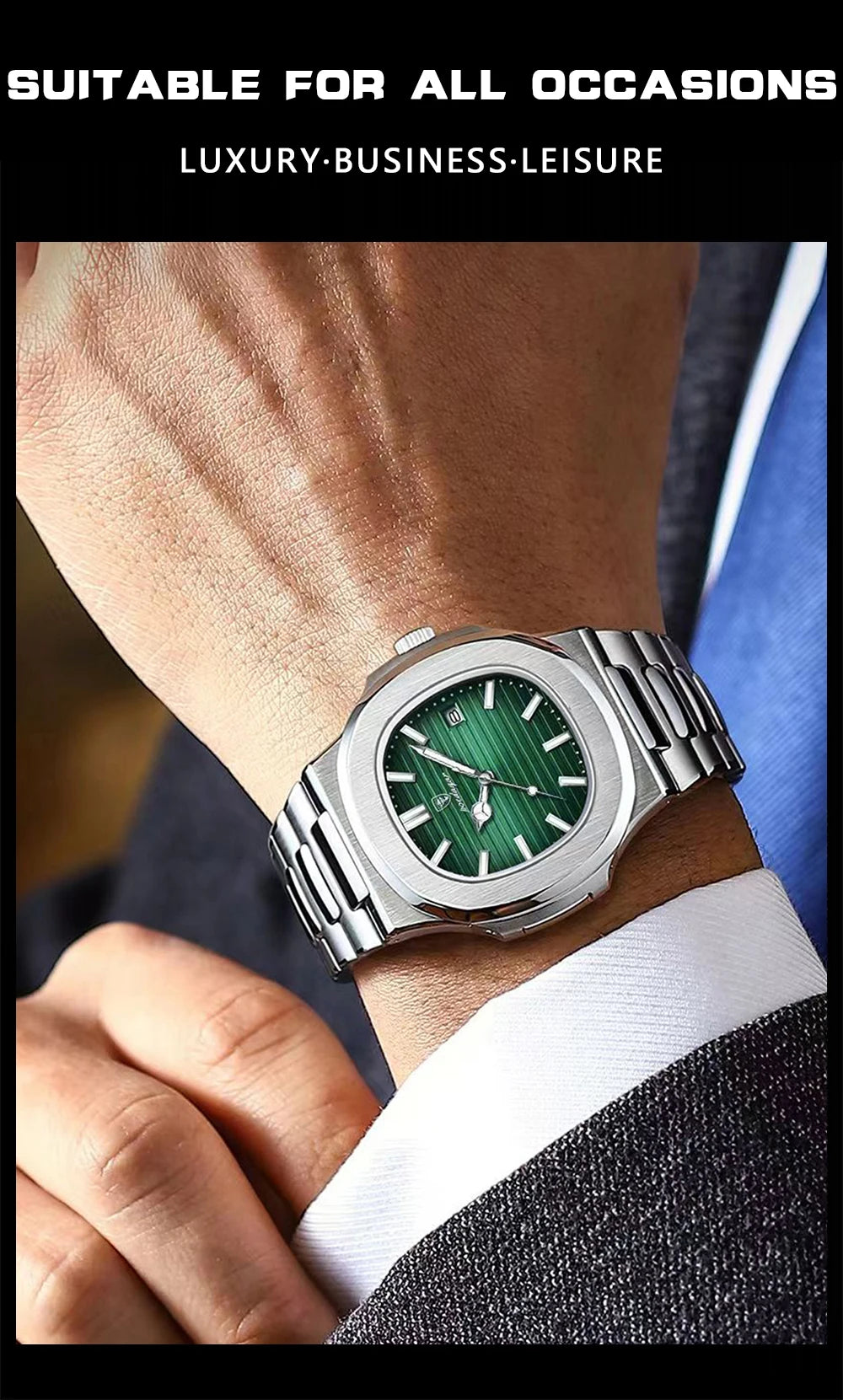POEDAGAR Square Trendy Men Wristwatch Luminous Waterproof Stainless Steel Watch For Man Date Quartz Business Men's Watches Reloj