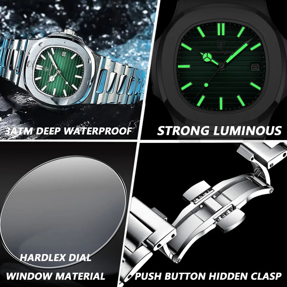 POEDAGAR Square Trendy Men Wristwatch Luminous Waterproof Stainless Steel Watch For Man Date Quartz Business Men's Watches Reloj