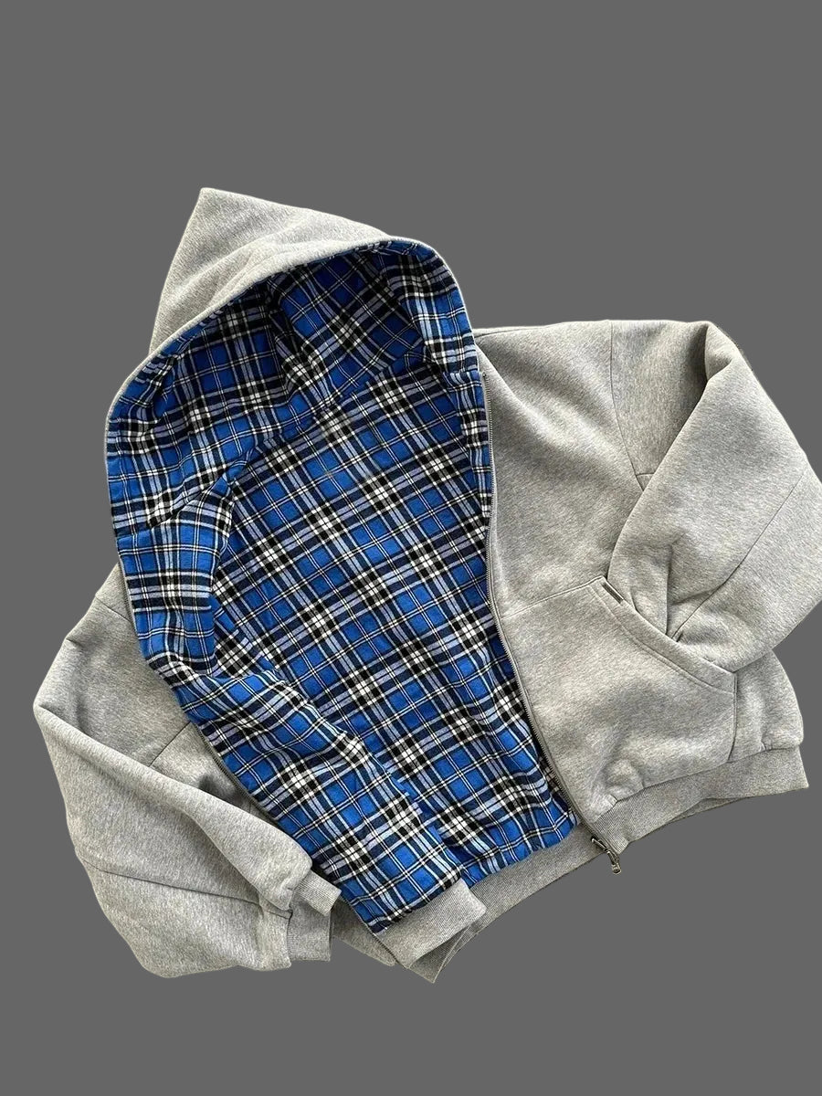 American Double-Sided Plaid Loose Zipper Hoodie