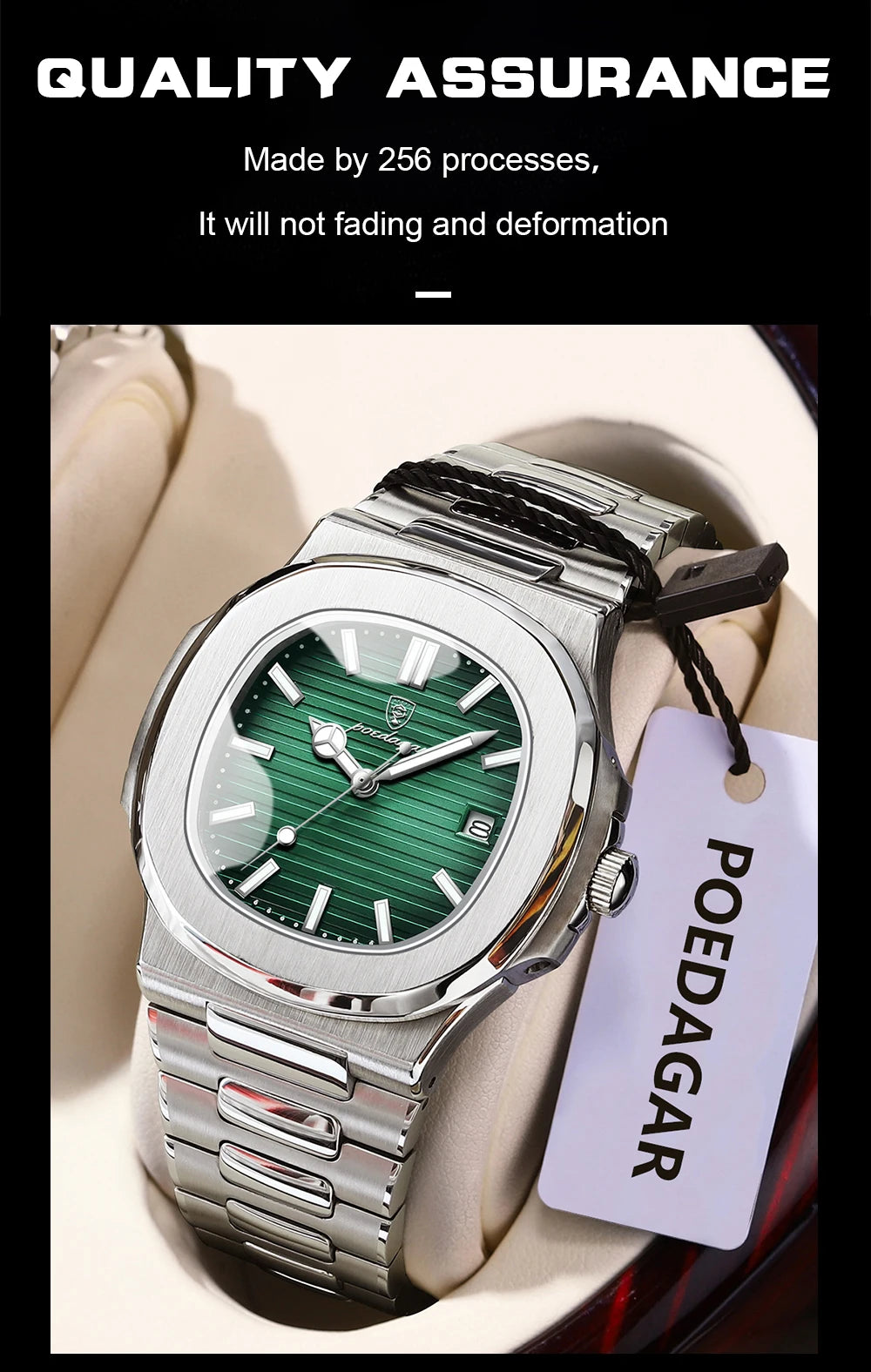 POEDAGAR Square Trendy Men Wristwatch Luminous Waterproof Stainless Steel Watch For Man Date Quartz Business Men's Watches Reloj