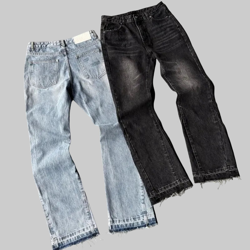 Hip Hop Straight Leg Pants Gothic Fringed Casual Micro Flared Pants Y2K Vintage Slim Fit Jeans Trendy Washed Men Women Harajuku