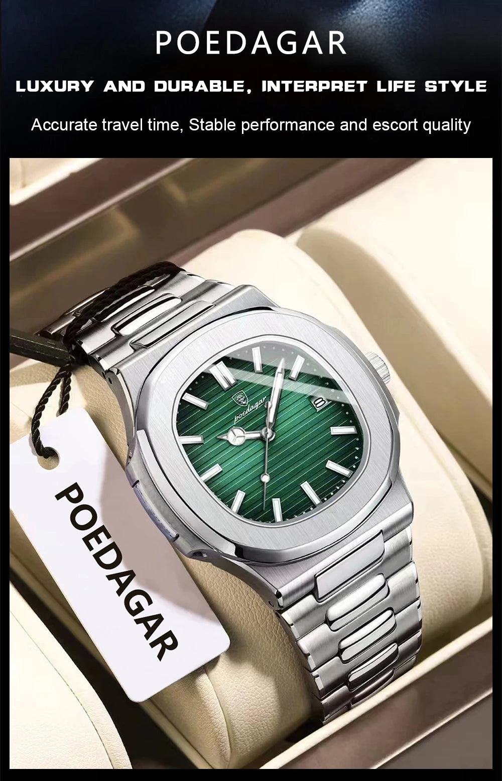 POEDAGAR Square Trendy Men Wristwatch Luminous Waterproof Stainless Steel Watch For Man Date Quartz Business Men's Watches Reloj