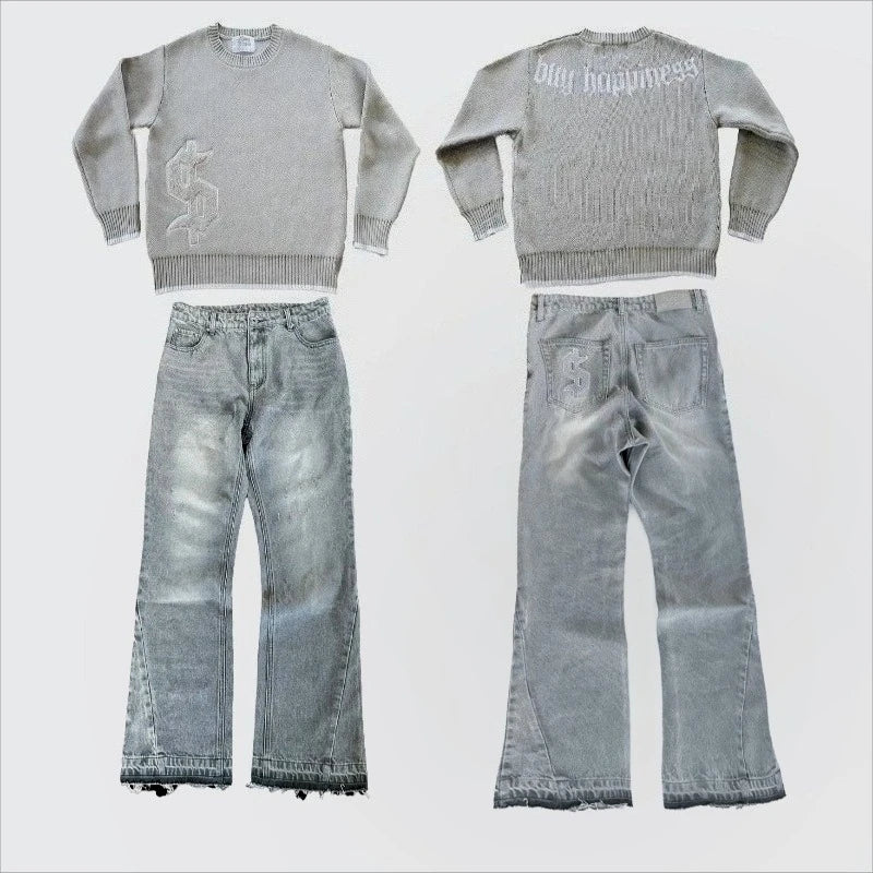 Hip Hop Dollar Logo Embroidery Streetwear Unisex Baggy Set 2 pcs Set Y2K Autumn Winter Retro Knitted Sweater Jeans Suit Trendy