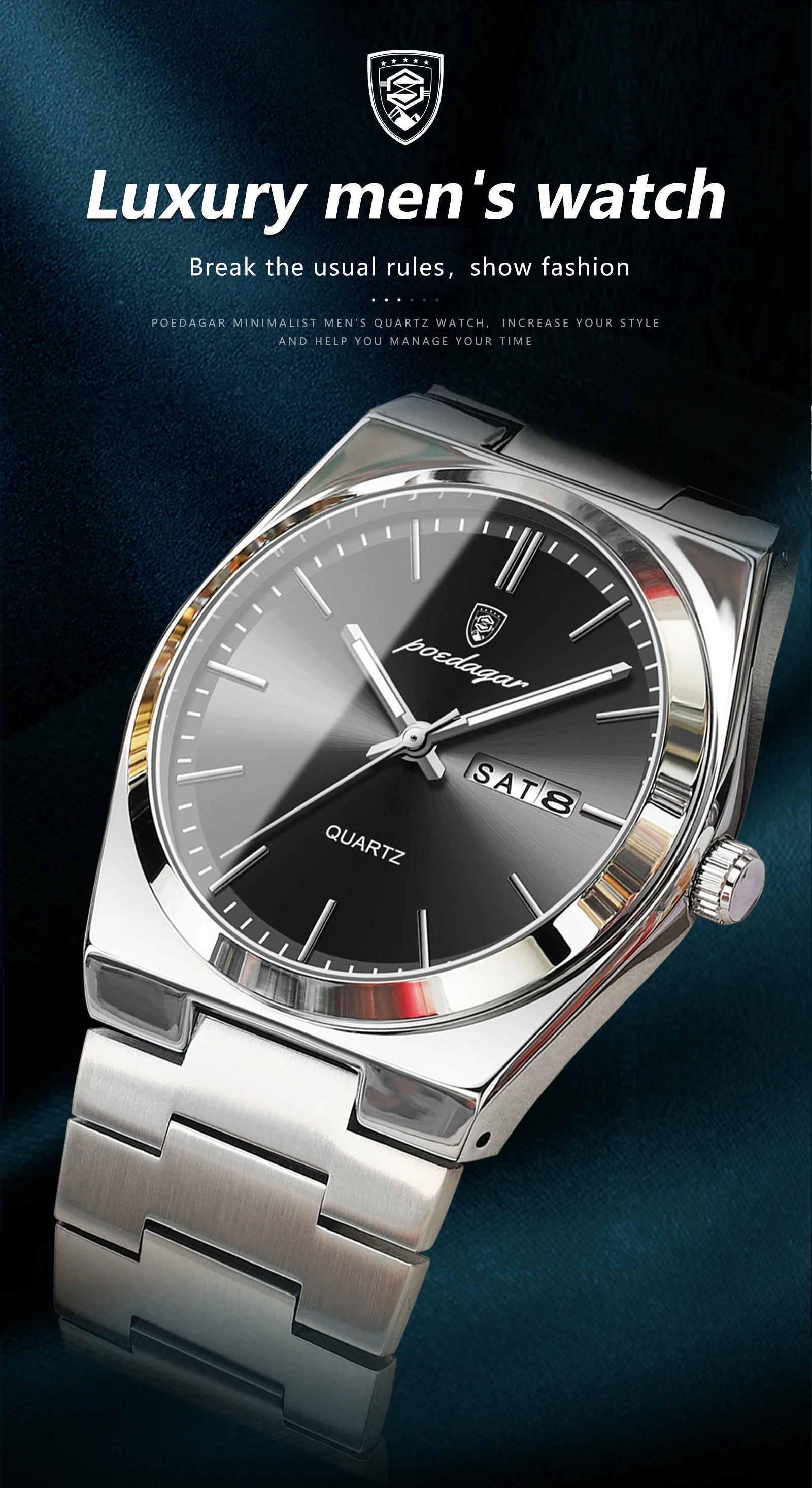 POEDAGAR Luxury Men's Quartz Wristwatch Waterproof Luminous Date Week Man Watch Stainless Steel Business Fashion Watches For Men
