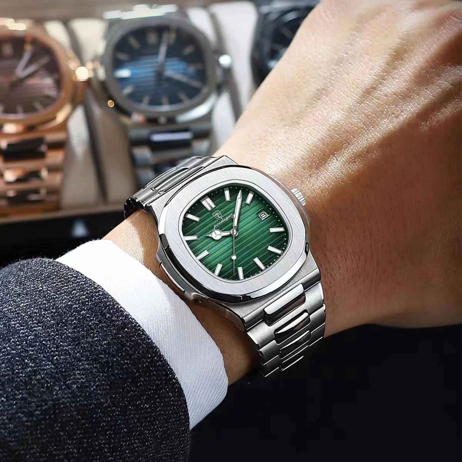 POEDAGAR Square Trendy Men Wristwatch Luminous Waterproof Stainless Steel Watch For Man Date Quartz Business Men's Watches Reloj