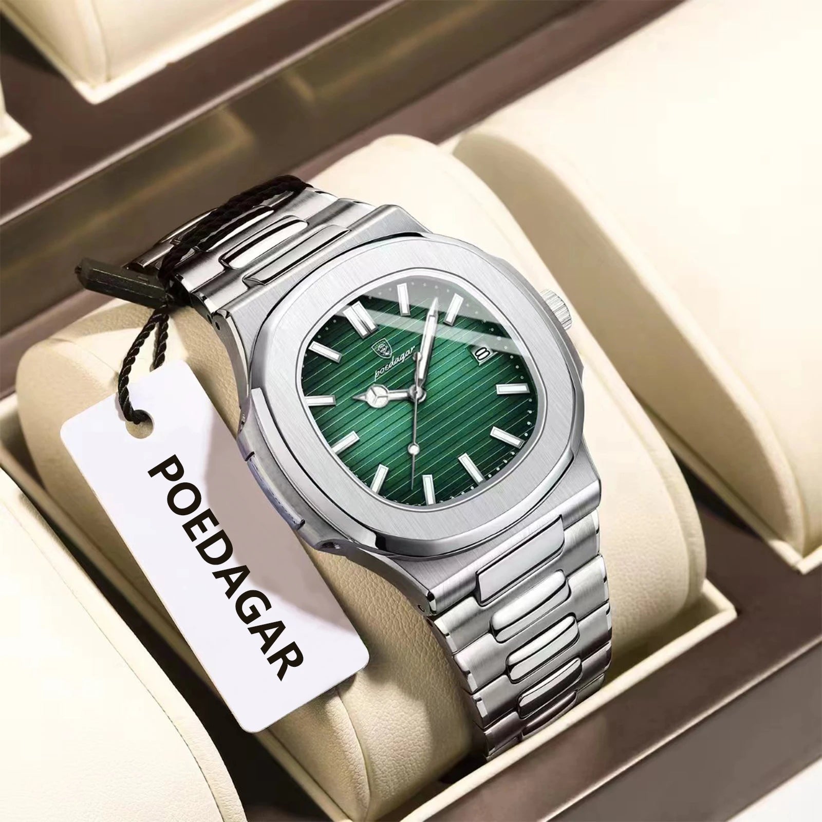 POEDAGAR Square Trendy Men Wristwatch Luminous Waterproof Stainless Steel Watch For Man Date Quartz Business Men's Watches Reloj