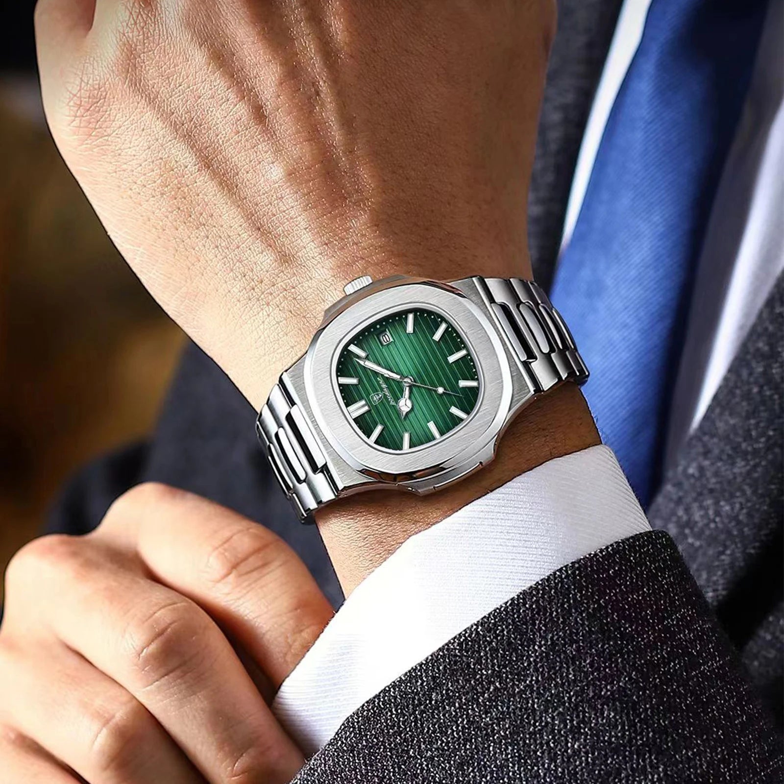 POEDAGAR Square Trendy Men Wristwatch Luminous Waterproof Stainless Steel Watch For Man Date Quartz Business Men's Watches Reloj