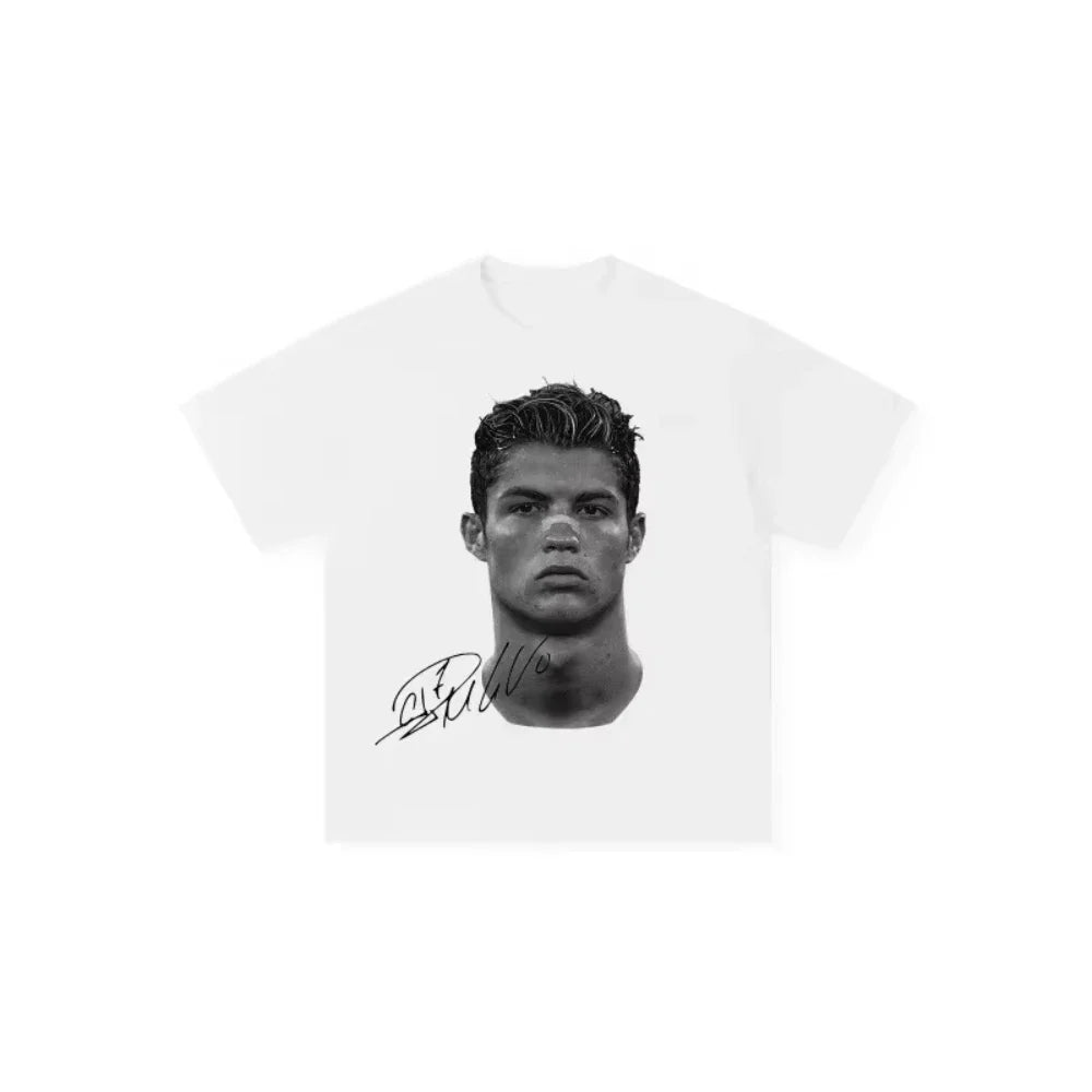 Cristiano Ronaldo Soccer Superstar Fashion Print Short Sleeve Cotton T-shirt Men Women Worn American Style Summer Retro Trend