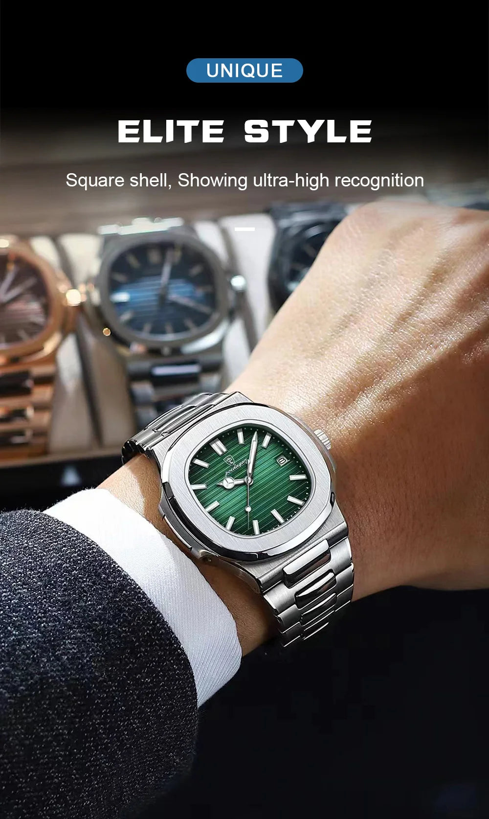 POEDAGAR Square Trendy Men Wristwatch Luminous Waterproof Stainless Steel Watch For Man Date Quartz Business Men's Watches Reloj