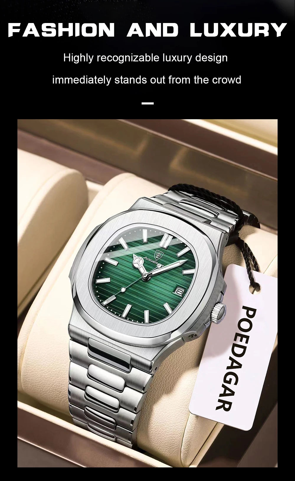 POEDAGAR Square Trendy Men Wristwatch Luminous Waterproof Stainless Steel Watch For Man Date Quartz Business Men's Watches Reloj