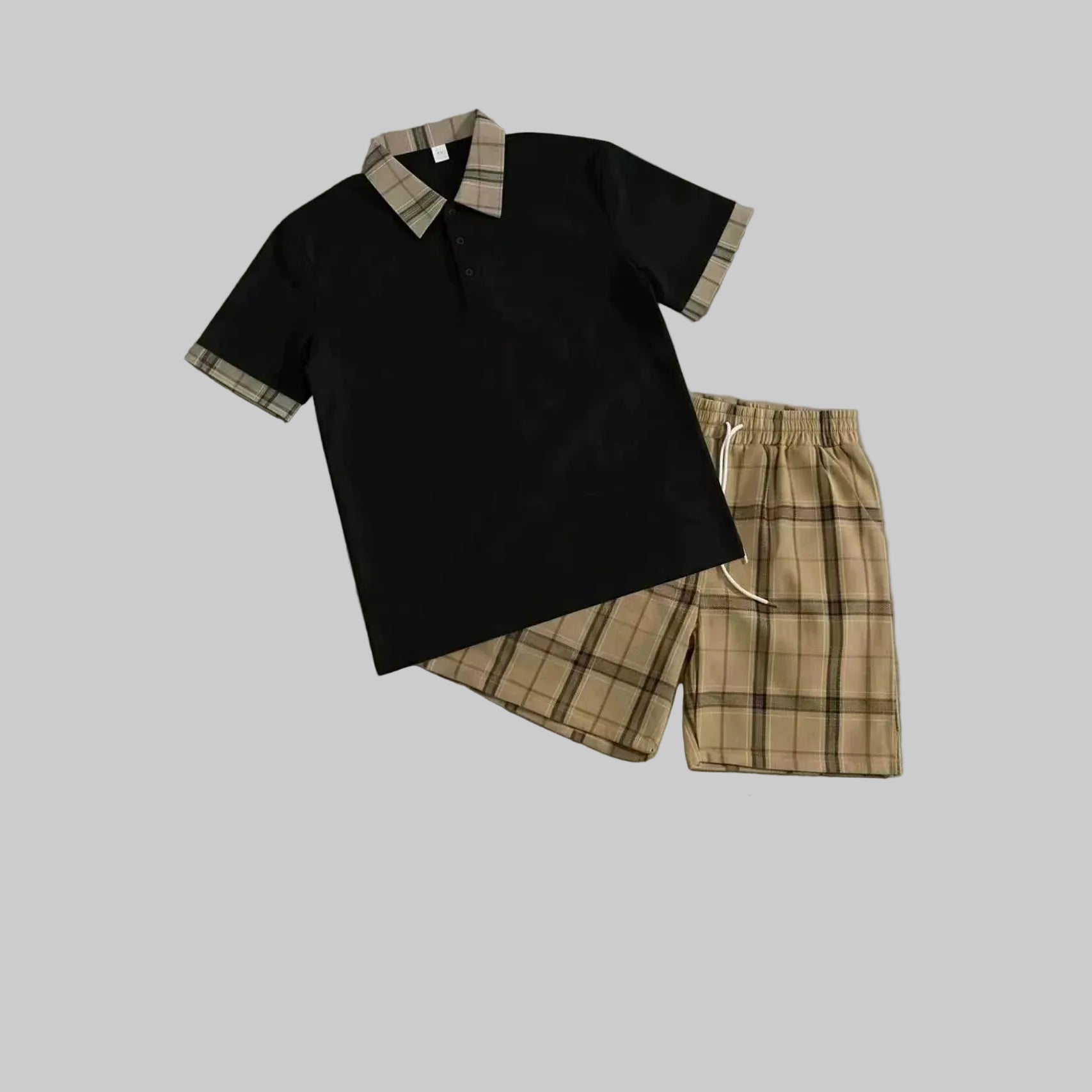New outdoor men's short-sleeved polo shirt and shorts set in a sporty casual check pattern with breathable collar design