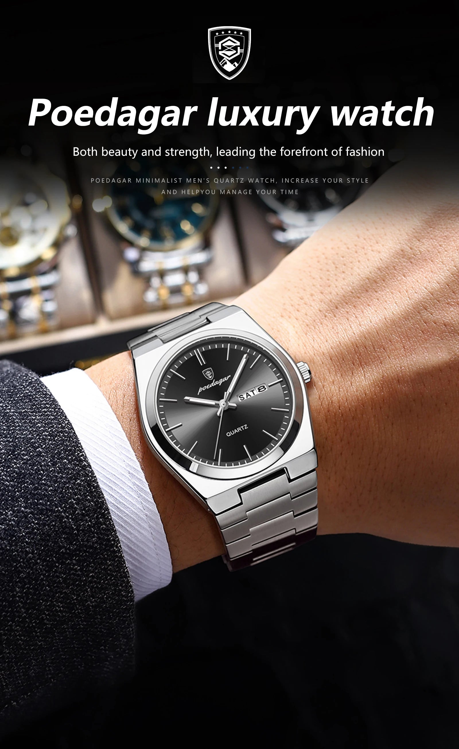 POEDAGAR Luxury Men's Quartz Wristwatch Waterproof Luminous Date Week Man Watch Stainless Steel Business Fashion Watches For Men
