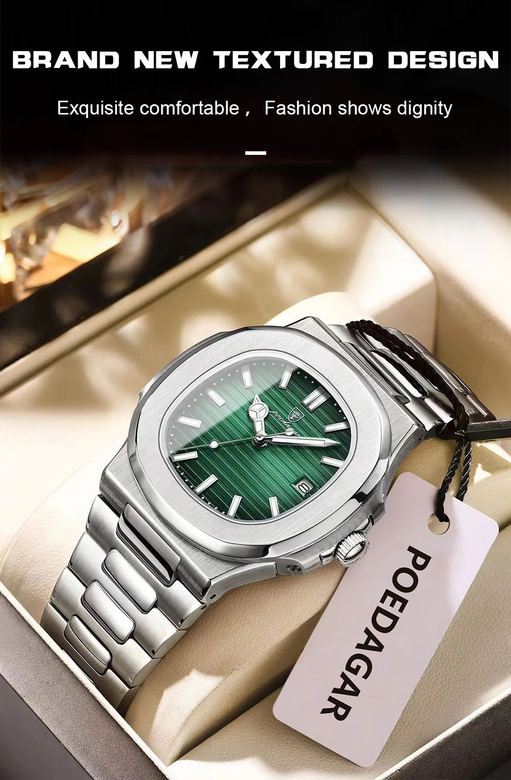 POEDAGAR Square Trendy Men Wristwatch Luminous Waterproof Stainless Steel Watch For Man Date Quartz Business Men's Watches Reloj