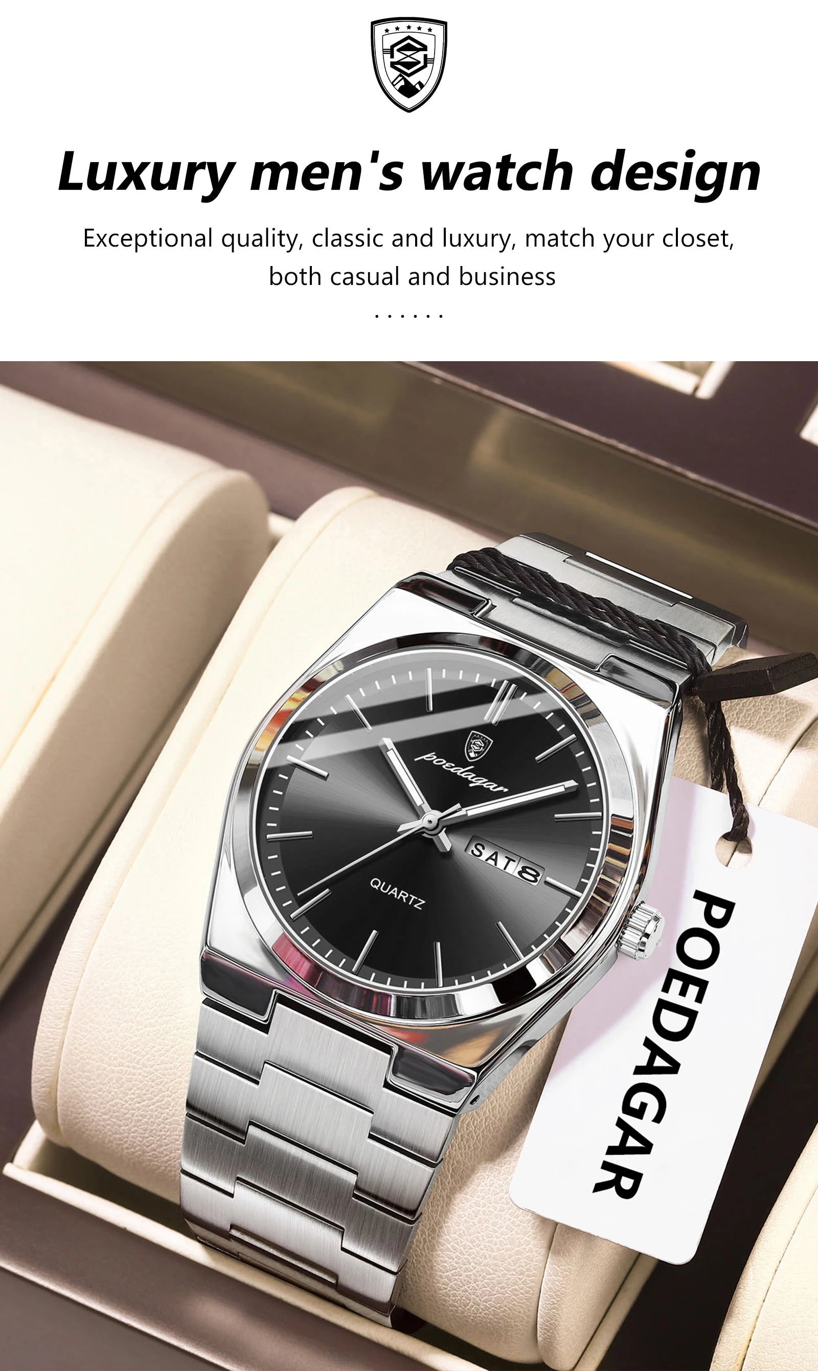 POEDAGAR Luxury Men's Quartz Wristwatch Waterproof Luminous Date Week Man Watch Stainless Steel Business Fashion Watches For Men