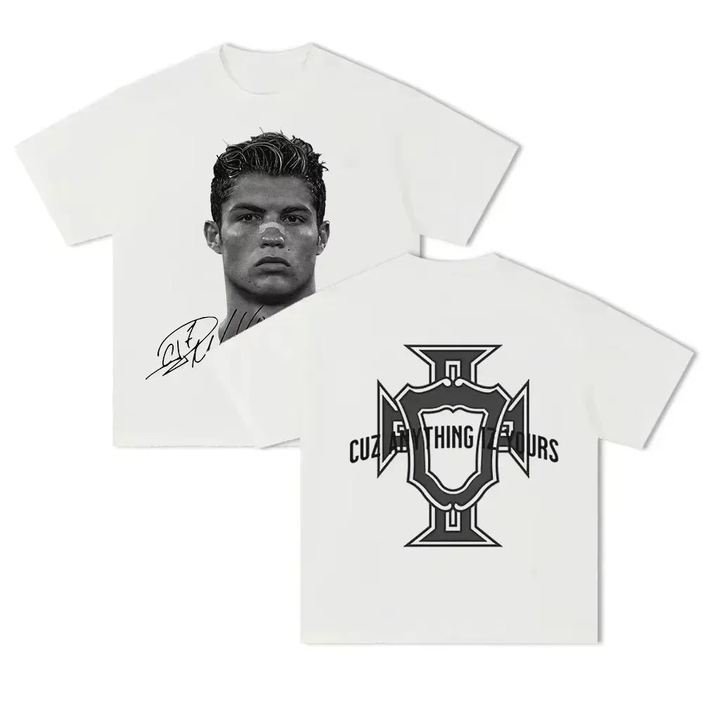 Cristiano Ronaldo Soccer Superstar Fashion Print Short Sleeve Cotton T-shirt Men Women Worn American Style Summer Retro Trend