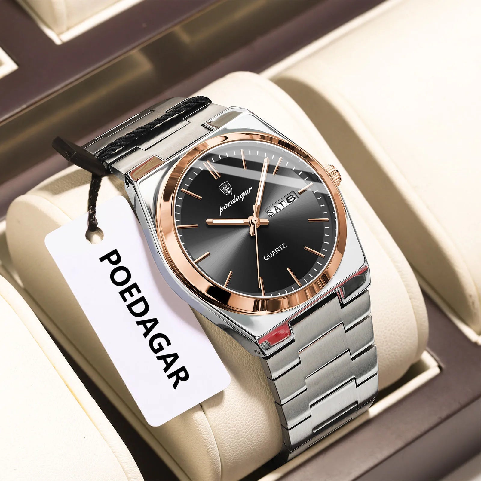 POEDAGAR Luxury Men's Quartz Wristwatch Waterproof Luminous Date Week Man Watch Stainless Steel Business Fashion Watches For Men