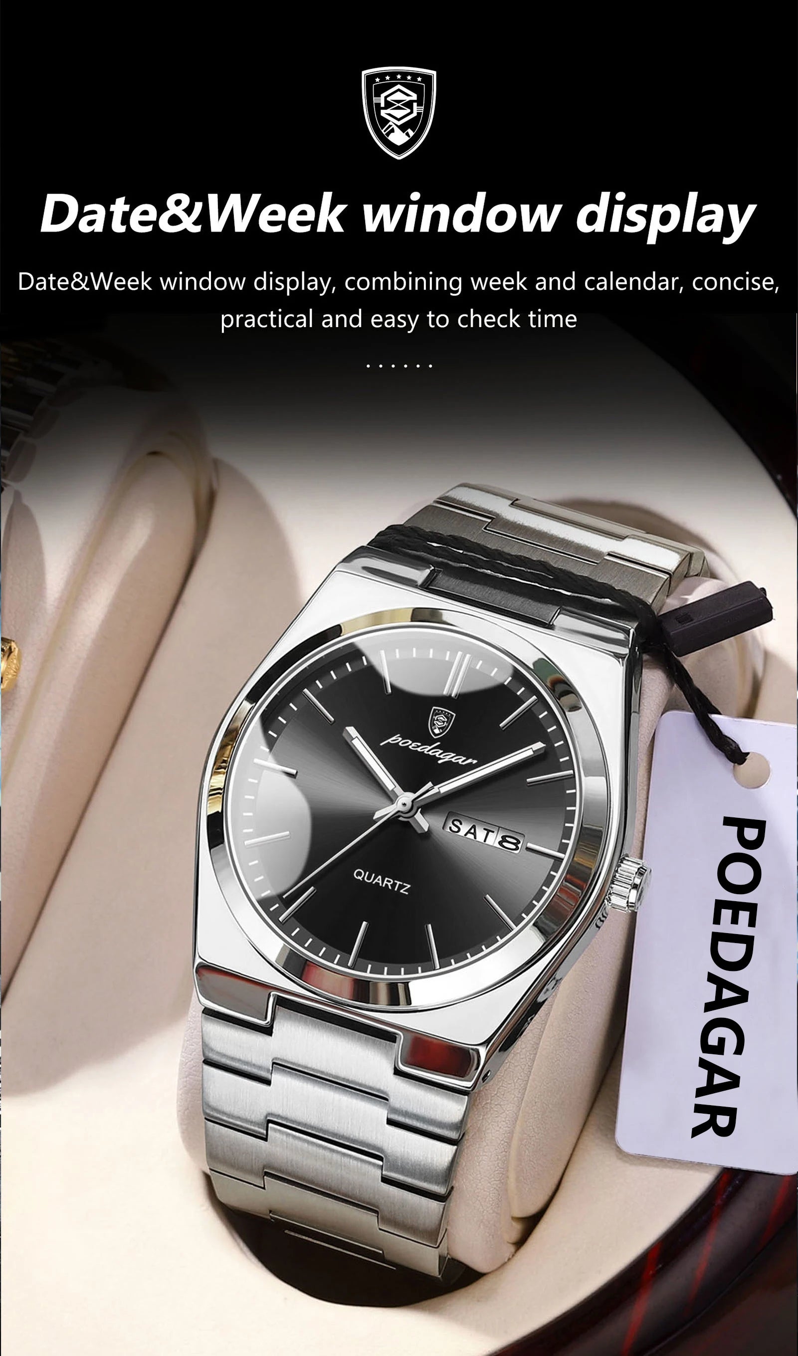 POEDAGAR Luxury Men's Quartz Wristwatch Waterproof Luminous Date Week Man Watch Stainless Steel Business Fashion Watches For Men