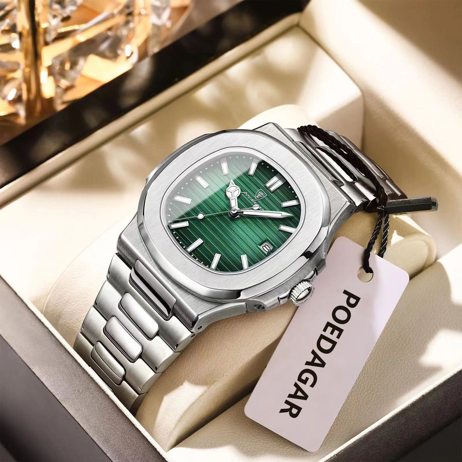 POEDAGAR Square Trendy Men Wristwatch Luminous Waterproof Stainless Steel Watch For Man Date Quartz Business Men's Watches Reloj
